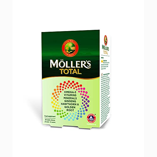 Moller’s ® | Total | Complemento Alimenticio de Uso Diario | Suplemento dietético nórdico con omega 3, EPA y DHA | Amplio espectro de vitaminas y minerales | Ginseng, Espino y Rodiola | 56 Cápsulas