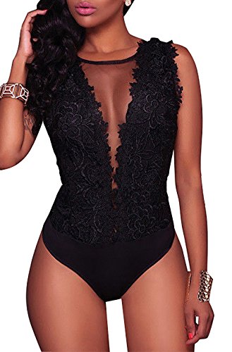 Mono de Encaje Mujer Verano Body sin Mangas Escote en V sin Respaldo Transparente Bodysuit Elegante Tops Traje de Mujer para Casual Fiesta Playa (Negro, L)