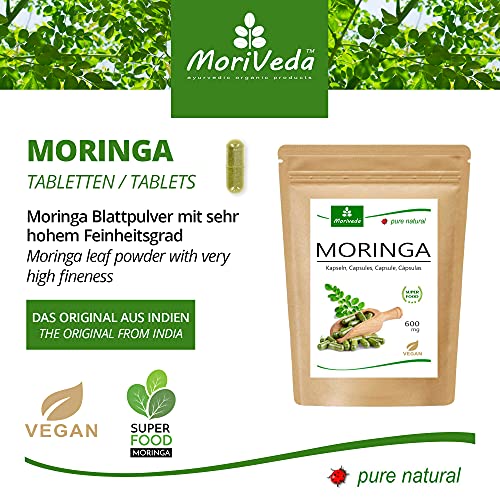 MoriVeda® Moringa Oleifera Cápsulas 600mg, 120 unidades, Moringa de alta dosis, con vitaminas, proteínas y aminoácidos, ayurvédica, vegan y sin gluten, 1x120 cápsulas