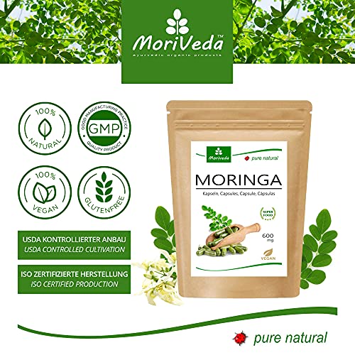 MoriVeda® Moringa Oleifera Cápsulas 600mg, 120 unidades, Moringa de alta dosis, con vitaminas, proteínas y aminoácidos, ayurvédica, vegan y sin gluten, 1x120 cápsulas