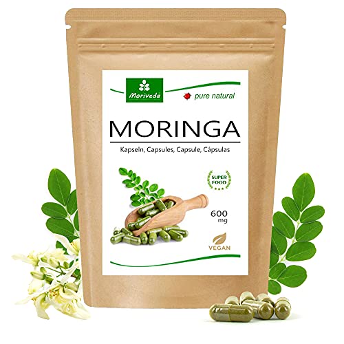 MoriVeda® Moringa Oleifera Cápsulas 600mg, 120 unidades, Moringa de alta dosis, con vitaminas, proteínas y aminoácidos, ayurvédica, vegan y sin gluten, 1x120 cápsulas