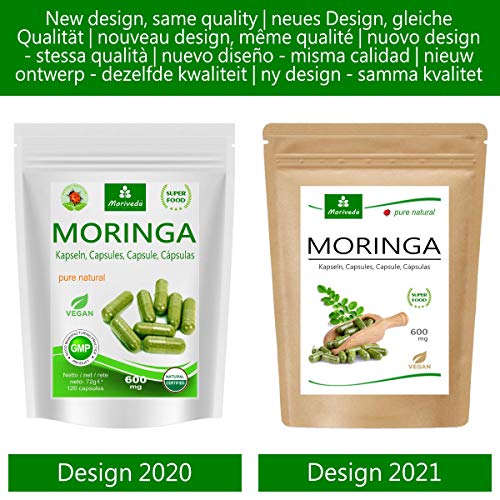 MoriVeda® Moringa Oleifera Cápsulas 600mg, 360 unidades. I Moringa de alta dosis, con vitaminas, proteínas y aminoácidos en ayurveda I Vegano y sin gluten I 3 x 120 cápsulas