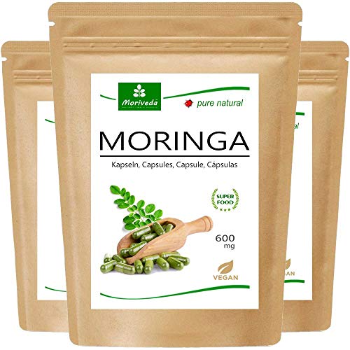 MoriVeda® Moringa Oleifera Cápsulas 600mg, 360 unidades. I Moringa de alta dosis, con vitaminas, proteínas y aminoácidos en ayurveda I Vegano y sin gluten I 3 x 120 cápsulas