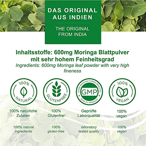 MoriVeda® Moringa Oleifera Cápsulas 600mg, 360 unidades. I Moringa de alta dosis, con vitaminas, proteínas y aminoácidos en ayurveda I Vegano y sin gluten I 3 x 120 cápsulas