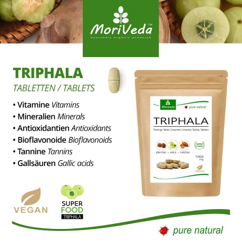 MoriVeda® Triphala 1000mg, 360 Comprimidos, amigo gastrointestinal de las frutas reales ayurvédicas Amla, Haritaki y Bibhitaki, vitaminas, bioflavonoides y taninos, vegano y sin gluten, 3x120