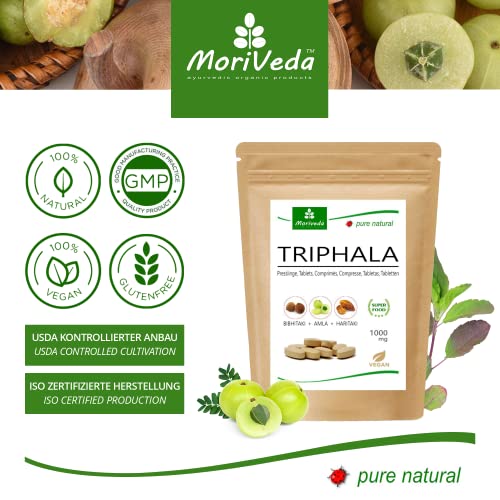 MoriVeda® Triphala 1000mg, 360 Comprimidos, amigo gastrointestinal de las frutas reales ayurvédicas Amla, Haritaki y Bibhitaki, vitaminas, bioflavonoides y taninos, vegano y sin gluten, 3x120