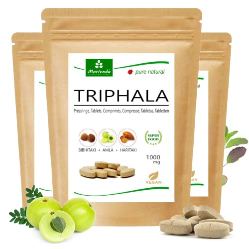 MoriVeda® Triphala 1000mg, 360 Comprimidos, amigo gastrointestinal de las frutas reales ayurvédicas Amla, Haritaki y Bibhitaki, vitaminas, bioflavonoides y taninos, vegano y sin gluten, 3x120