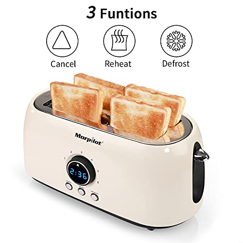 morpilot Tostador De Doble Ranura Larga, 1250W Inox Clásico Tostadora Pan Para 4 Rebanadas, 6 Niveles de Potencia Tres Funciones Iluminación LED Tostadoras con Bandeja Recogemigas, Beige (T-40)