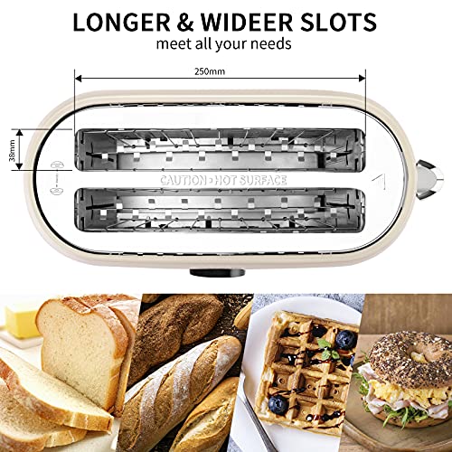 morpilot Tostador De Doble Ranura Larga, 1250W Inox Clásico Tostadora Pan Para 4 Rebanadas, 6 Niveles de Potencia Tres Funciones Iluminación LED Tostadoras con Bandeja Recogemigas, Beige (T-40)