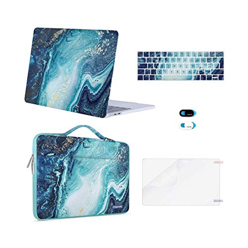 MOSISO Funda Dura Compatible con MacBook Pro 13 A2338 A2289 A2251 A2159 A1989 A1706 A1708, Plástico Ola Mármol Carcasa Rígida&Funda Protectora&Protector de Pantalla&Piel Teclado&Cubierta Webcam,Azul