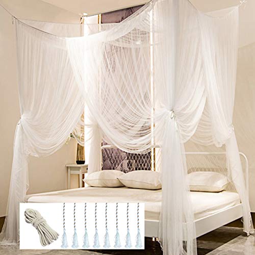 Mosquitero para dosel de cama, cortinas de cuatro esquinas para colocar en la cama, elegante mosquitero, gancho de palo y cuerda de profesión para red, cortinas de toldo de malla de pantalla, White