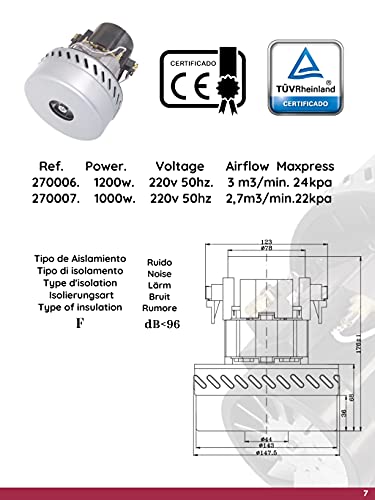 Motor aspiración 1200w(reemplazar Ametek Domel,Kärcher-Puzzi,Festool) Envio INMEDIATO Desde Valencia