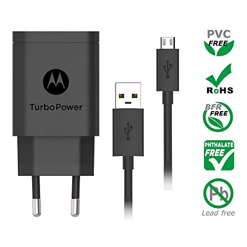 Motorola Original- TurboPower 18W Cargador de pared con SKN6461A 3.3ft (1m) Cable micro USB en caja de venta al por menor con etiqueta de autenticación Motorola y tarjeta, Negro