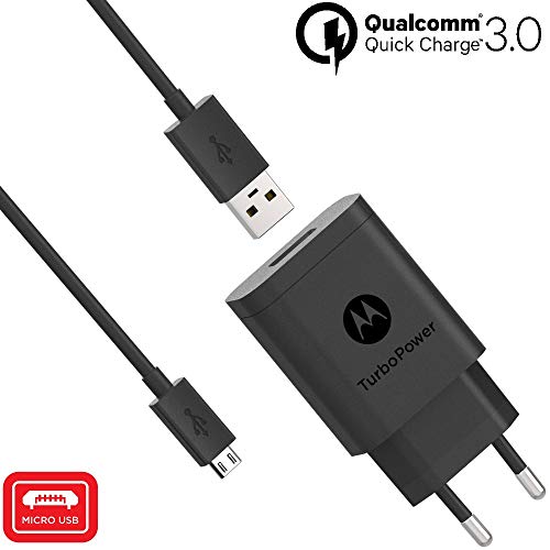 Motorola Original- TurboPower 18W Cargador de pared con SKN6461A 3.3ft (1m) Cable micro USB en caja de venta al por menor con etiqueta de autenticación Motorola y tarjeta, Negro