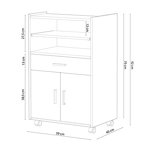 Mueble Auxiliar de Cocina con Ruedas, Mueble Microondas, Armario con 1 Cajón y 2 Puertas, Acabado en Blanco Artik y Cemento, Medidas: 59 cm (Ancho) x 92 cm (Alto) x 40 cm (Fondo)