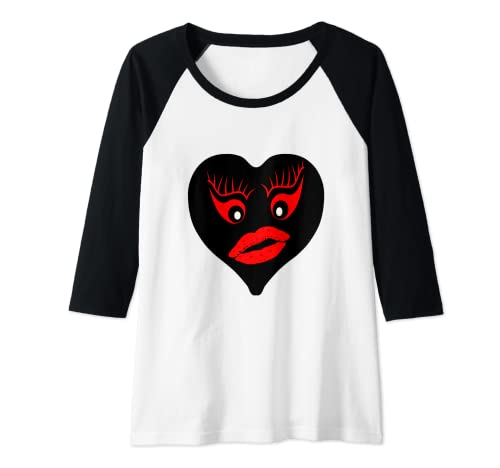 Mujer Corazón Negro Labios rojos Ojos rojos Pestañas rojas Amor Valentine Camiseta Manga Raglan