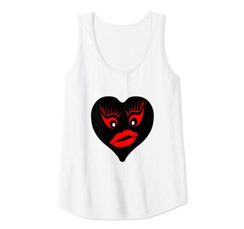 Mujer Corazón Negro Labios rojos Ojos rojos Pestañas rojas Amor Valentine Camiseta sin Mangas