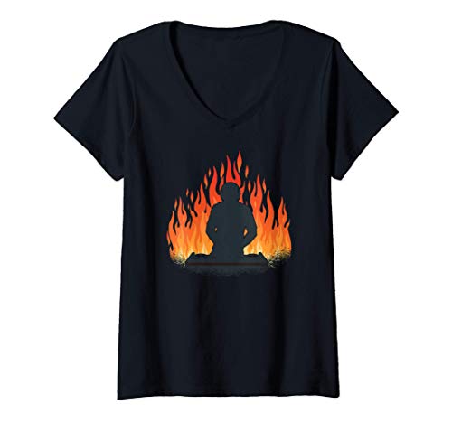 Mujer DJ Silhouette Spinning Fire - Club Rave EDM Music DJing Camiseta Cuello V