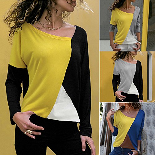 Mujer Polyester Ajustado Blusa Moda Patchwork Casual para Mujer Color Block O-Neck Manga Larga Camiseta Tops Otoño e Invierno Tallas Grandes riou