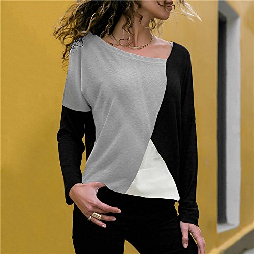 Mujer Polyester Ajustado Blusa Moda Patchwork Casual para Mujer Color Block O-Neck Manga Larga Camiseta Tops Otoño e Invierno Tallas Grandes riou