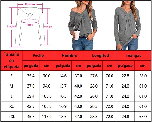 Mujeres Casual Cuello en V Nudo Cruzado pulóver Color sólido Suelta cómoda Camisa Blusa de Manga Larga (Gris, S)