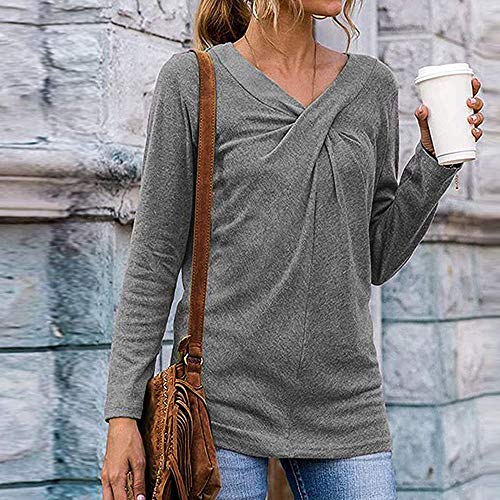 Mujeres Casual Cuello en V Nudo Cruzado pulóver Color sólido Suelta cómoda Camisa Blusa de Manga Larga (Gris, S)