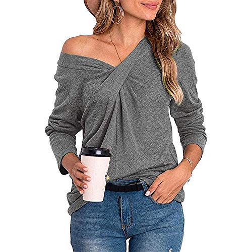 Mujeres Casual Cuello en V Nudo Cruzado pulóver Color sólido Suelta cómoda Camisa Blusa de Manga Larga (Gris, S)