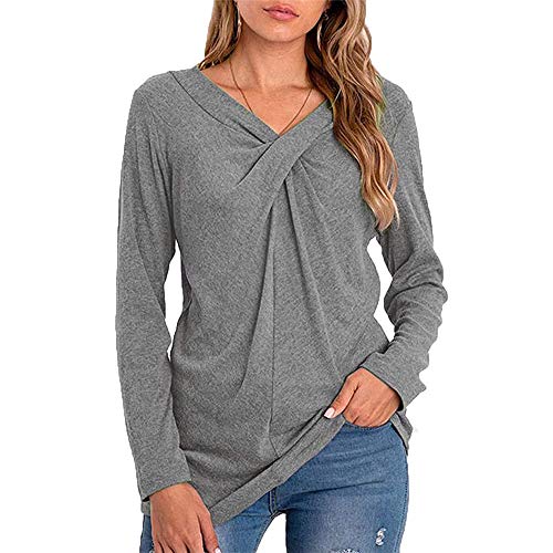 Mujeres Casual Cuello en V Nudo Cruzado pulóver Color sólido Suelta cómoda Camisa Blusa de Manga Larga (Gris, S)