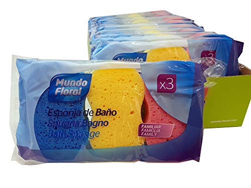 Mundo Floral. Esponjas de baño silueta. Cuidan y limpian tu piel con suavidad. Formato familiar en bandeja de 30 esponjas envasadas en packs de 3 unidades.