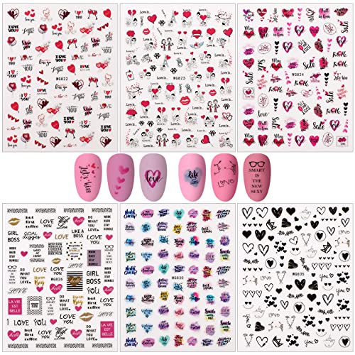 MWOOT 12 Hojas 3D Pegatinas Uñas, Labios Rojos Amor Corazones Patrones Flores Pegatinas Autoadhesivas para Decoración Uñas, Calcomanías Uñas Temática Día San Valentín - Serie A