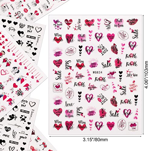 MWOOT 12 Hojas 3D Pegatinas Uñas, Labios Rojos Amor Corazones Patrones Flores Pegatinas Autoadhesivas para Decoración Uñas, Calcomanías Uñas Temática Día San Valentín - Serie A