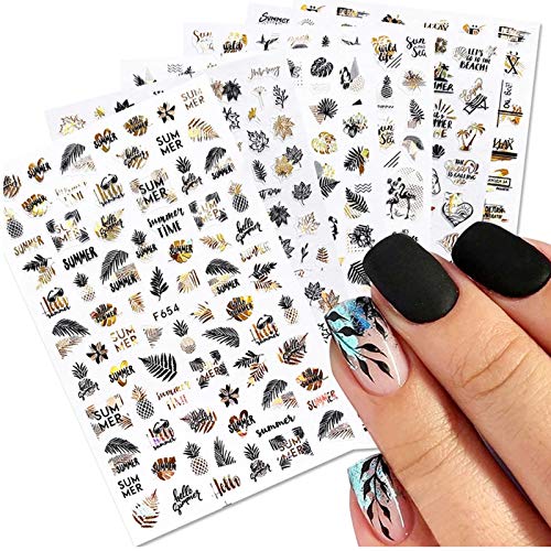 MWOOT Pegatina Uñas para Nails Art, 8 Hojas Pegatinas Decoración de Uñas, Sticker Autoadhesivas 3D para Manicura de Belleza Uñas Dorado, Hoja Flamenco Nailart Sticker