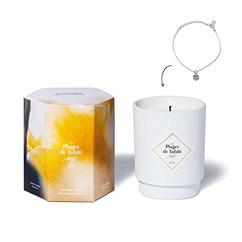 MY JOLIE CANDLE | Vela Perfumada Monoï (Las Playas de Tahití) con joya en su interior | Pulsera Plateada | 50h de combustión | Cera vegetal 100% natural | 250g