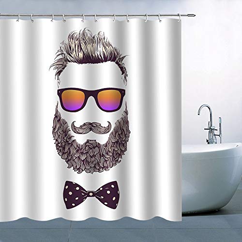 NA Decoración de Cortina de Ducha de Personaje Hombre Fresco con Barba tupida Tejer Gafas de Sol Pajarita manchada Fondo Blanco Poliéster Impermeable