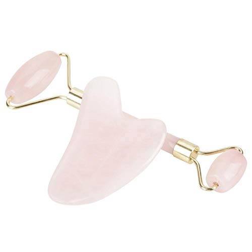 Natural Rose Quartz Stone Doble Cabeza Roller Scraping Set Massager Adecuado para Masaje Facial