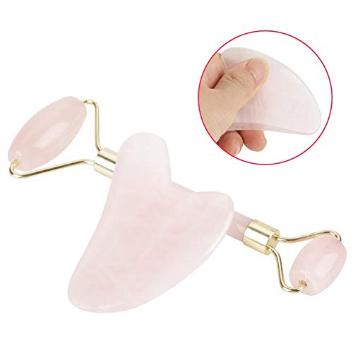 Natural Rose Quartz Stone Doble Cabeza Roller Scraping Set Massager Adecuado para Masaje Facial