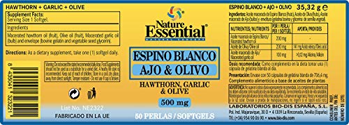 Nature Essential | Espino Blanco + Ajo + Olivo | 500 mg | Para Ayudar a Reducir la Ansiedad | Para la Buena Circulación de la Sangre y Equilibrar el Azúcar en Sangre | 50 Perlas (Pack 3 unidades)