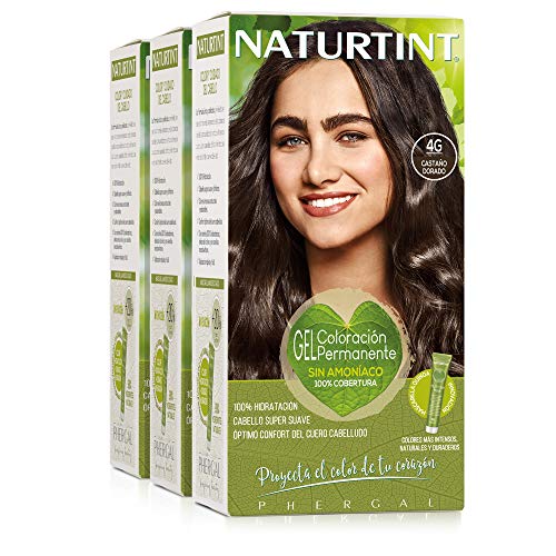 Naturtint Coloración. Tinte sin Amoniaco.100% Cobertura de Canas. Ingredientes Vegetales. Color Natural. 4G Castaño Dorado. Pack de 3