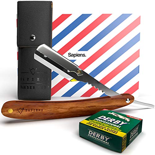 Navaja de Afeitar de Barbero Tradicional de Sapiens - 1 Año de Afeitado - Set con Accesorio Profesional de Afeitado de Barba, Estuche, y 100 Cuchillas Derby Professional