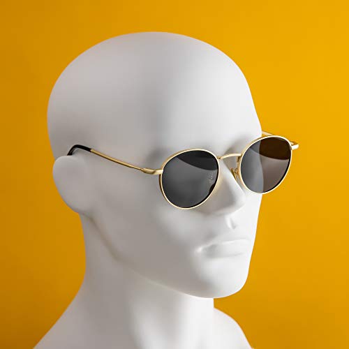 Navaris Gafas de sol redondeadas polarizadas - Sunglasses redondas estilo retro para hombre y mujer - Con protección UV y funda - Negro y dorado