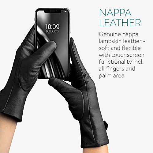 Navaris Guantes de cuero para mujer - 2x Guante de piel genuina de napa con forro de cachemira botón y función táctil para pantalla - Talla S negro