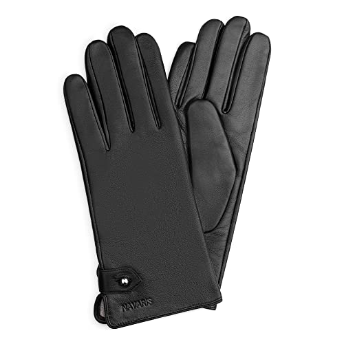 Navaris Guantes de cuero para mujer - 2x Guante de piel genuina de napa con forro de cachemira botón y función táctil para pantalla - Talla S negro