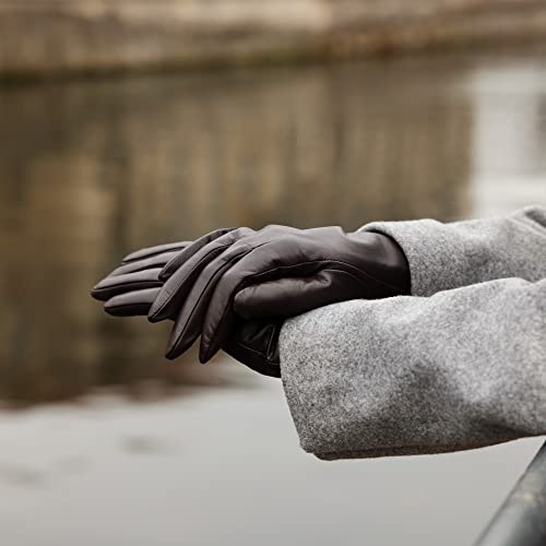 Navaris Guantes de cuero para mujer - 2x Guante de piel genuina de napa con forro de cachemira y función táctil para pantalla - Talla M en marrón