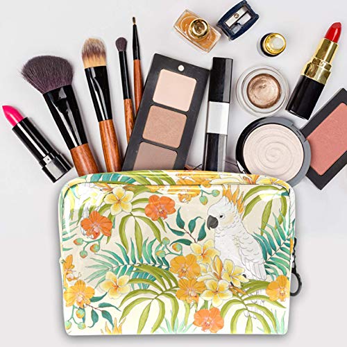 Neceser de Maquillaje Estuche Escolar para Cosméticos Bolsa de Aseo Grande con Flores Plumeria, Hojas de orquídea y Loro Blanco Cacatúa