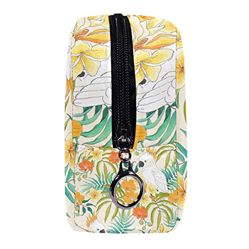 Neceser de Maquillaje Estuche Escolar para Cosméticos Bolsa de Aseo Grande con Flores Plumeria, Hojas de orquídea y Loro Blanco Cacatúa