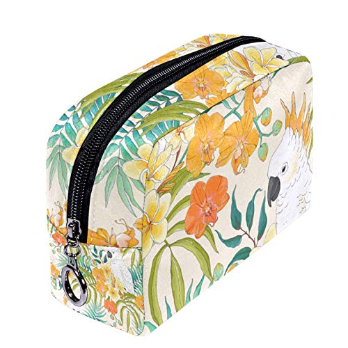 Neceser de Maquillaje Estuche Escolar para Cosméticos Bolsa de Aseo Grande con Flores Plumeria, Hojas de orquídea y Loro Blanco Cacatúa