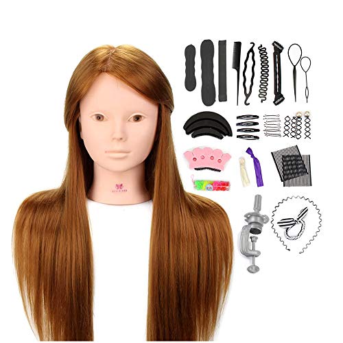 Neverland Cabeza de Maniquí Para Practicar Peluquería y Maquillaje, de 24", Color Marrón, Pelo 50% Peluqueria Pelo Natural, Con Función Maquillaje, Juego de Trenzas Para Peinar, Incluye Abrazadera