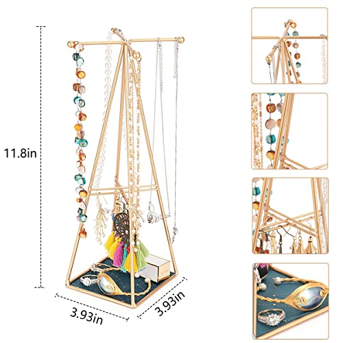 Newthinking Soporte organizador de joyas, organizador para colgar joyas, pirámide de múltiples niveles de metal creativo con bandeja, organizador de joyas para pulseras, collares, pendientes
