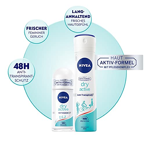 NIVEA Desodorante roll-on Dry Active (50 ml), antitranspirante con protección de 48 horas y doble fórmula activa, antitranspirante roll-on con fragancia femenina y fresca