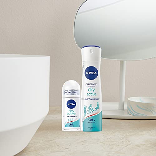 NIVEA Desodorante roll-on Dry Active (50 ml), antitranspirante con protección de 48 horas y doble fórmula activa, antitranspirante roll-on con fragancia femenina y fresca